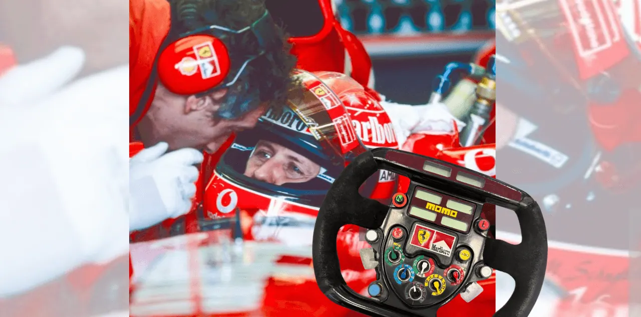 Michael Schumacher – Ferrari: 2003 WC Helmet and 1997 Steering Wheel