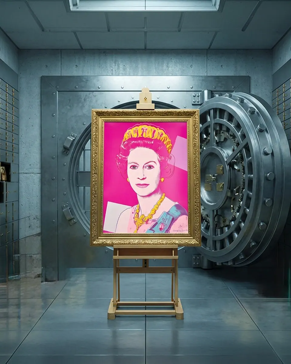 Andy Warhol's Queen Elizabeth II silkscreen in pink and gold tones, exhibited in the gallery, available in quotes on Collecto