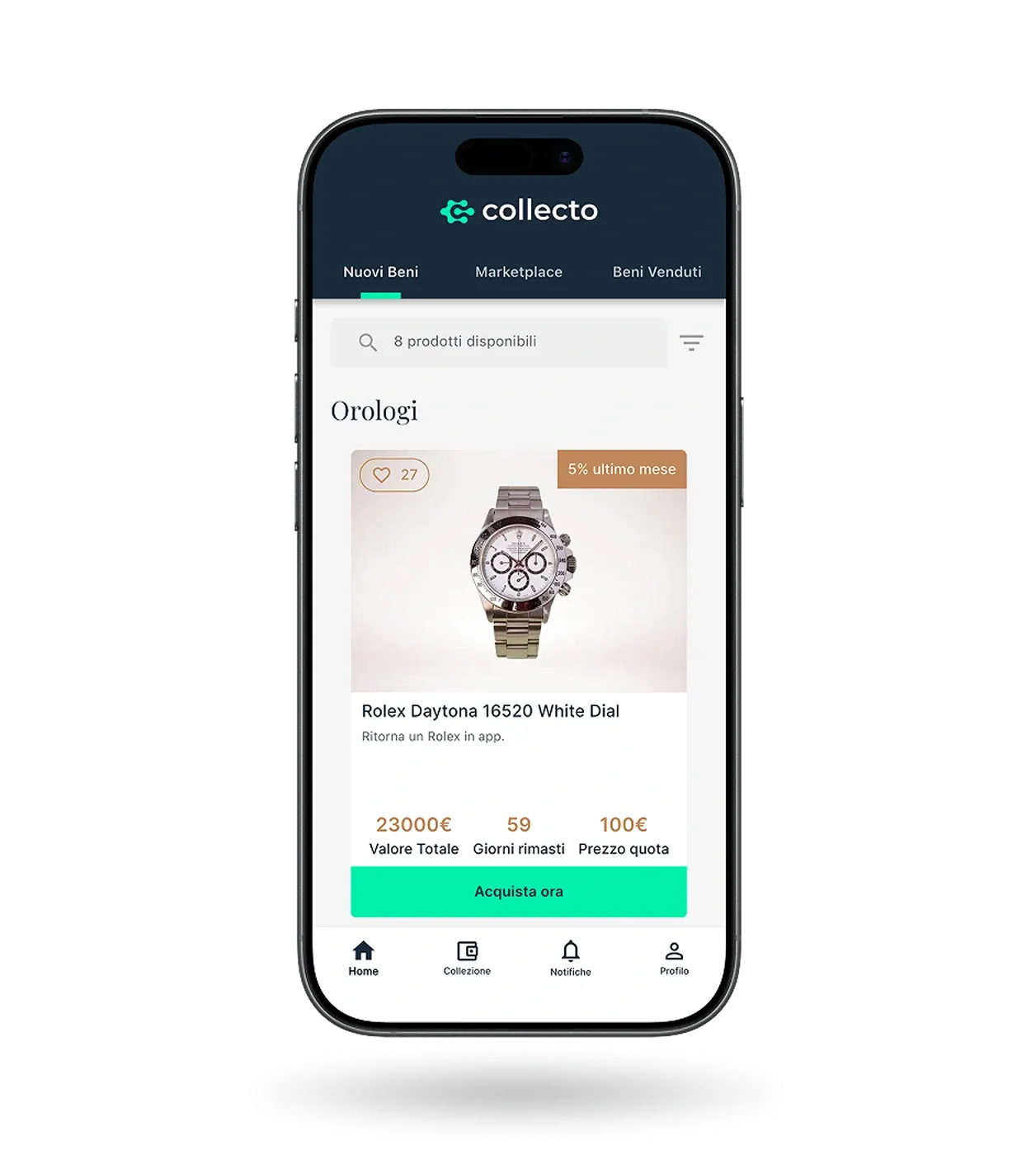 Collecto app New items section with Rolex Daytona listing, listing price and item details