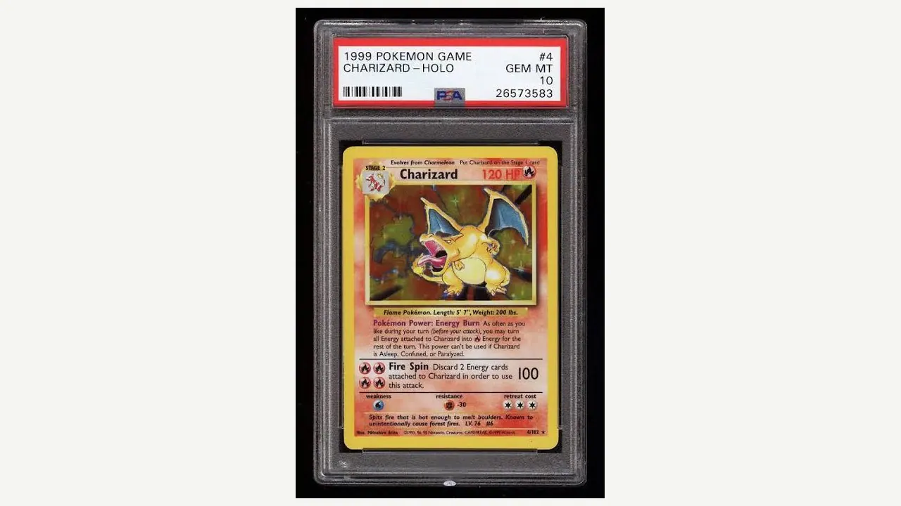 Carta Pokémon Charizard Holo 1999 Base Set, grado PSA 10, non una delle carte realmente rubate nel furto di Santa Ana