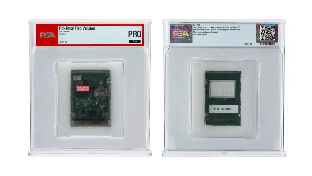 Cartuccia prototipo di Pokémon Red del 1998 certificata PSA, scocca trasparente con circuiteria a vista, slab fronte e retro
