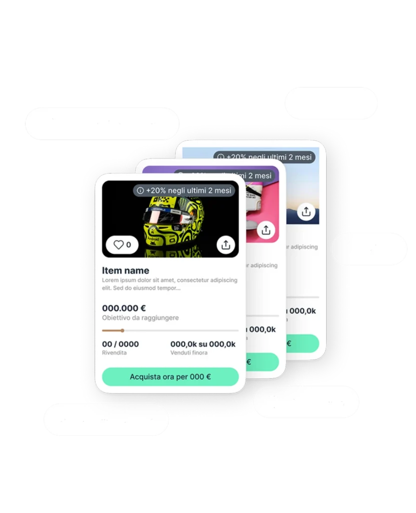 Schermate dell'app Collecto con card dei beni in vendita e categorie: orologi, vino, videogames, sneakers, serie e franchise