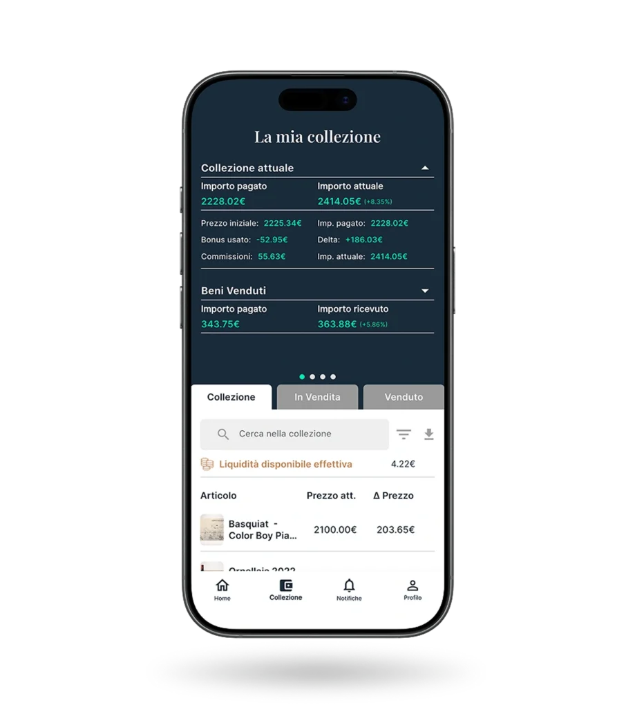 App Collecto sezione La mia collezione con riepilogo importi, valore attuale e lista beni acquistati