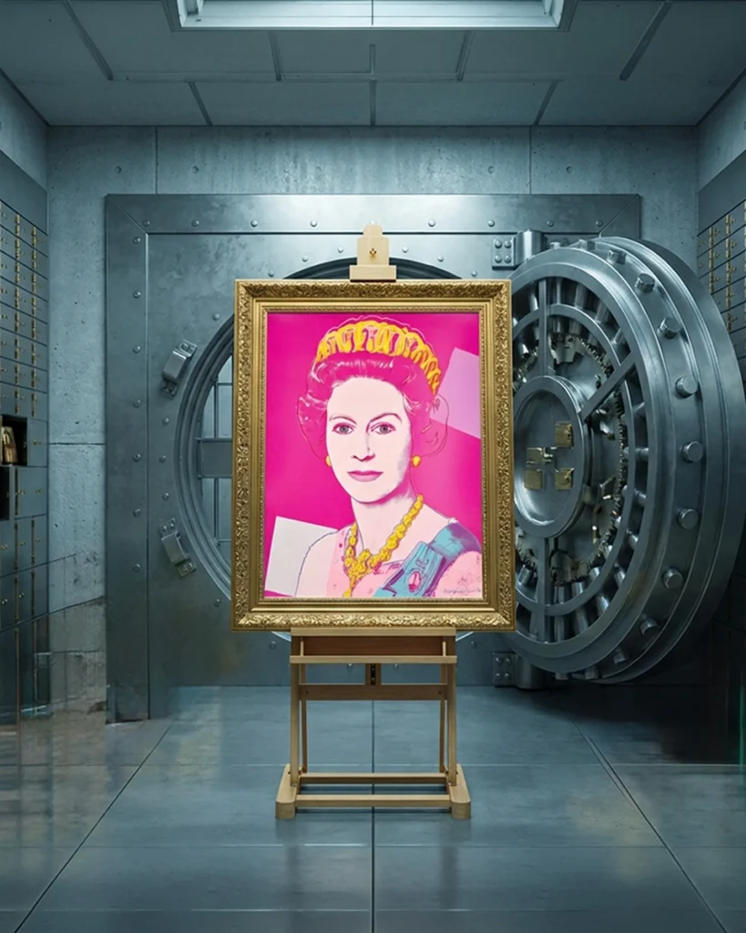 Serigrafia Queen Elizabeth II di Andy Warhol in tonalità rosa e oro, esposta in galleria, disponibile in quote su Collecto