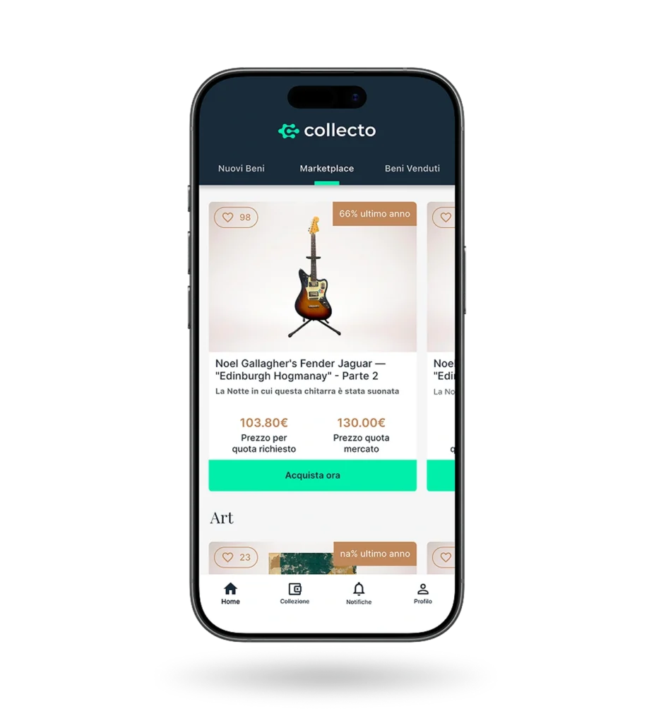 App Collecto sezione Marketplace con chitarra Fender Jaguar di Noel Gallagher, prezzo e quota mercato