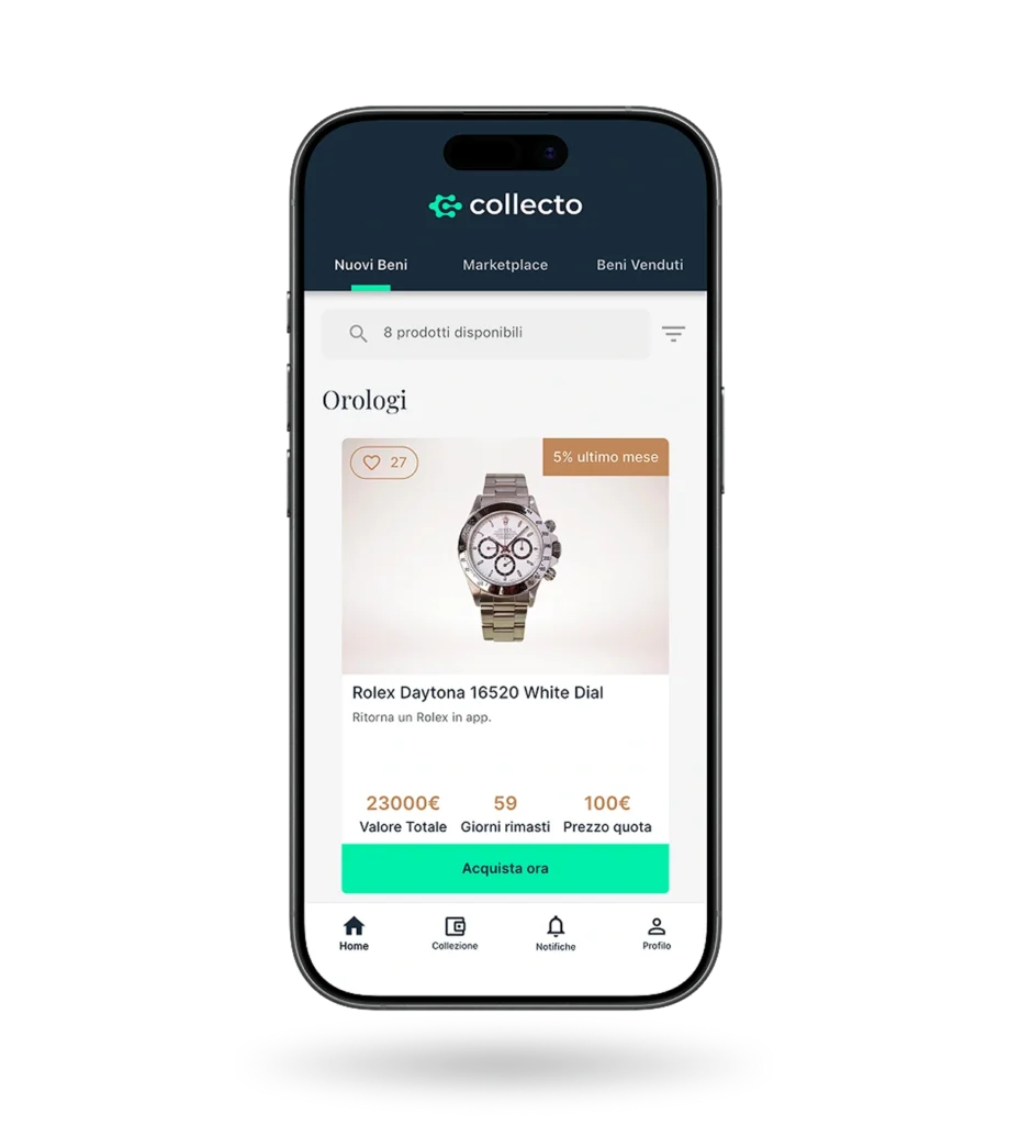 App Collecto sezione Nuovi Beni con scheda Rolex Daytona, prezzo quota e dettagli del bene