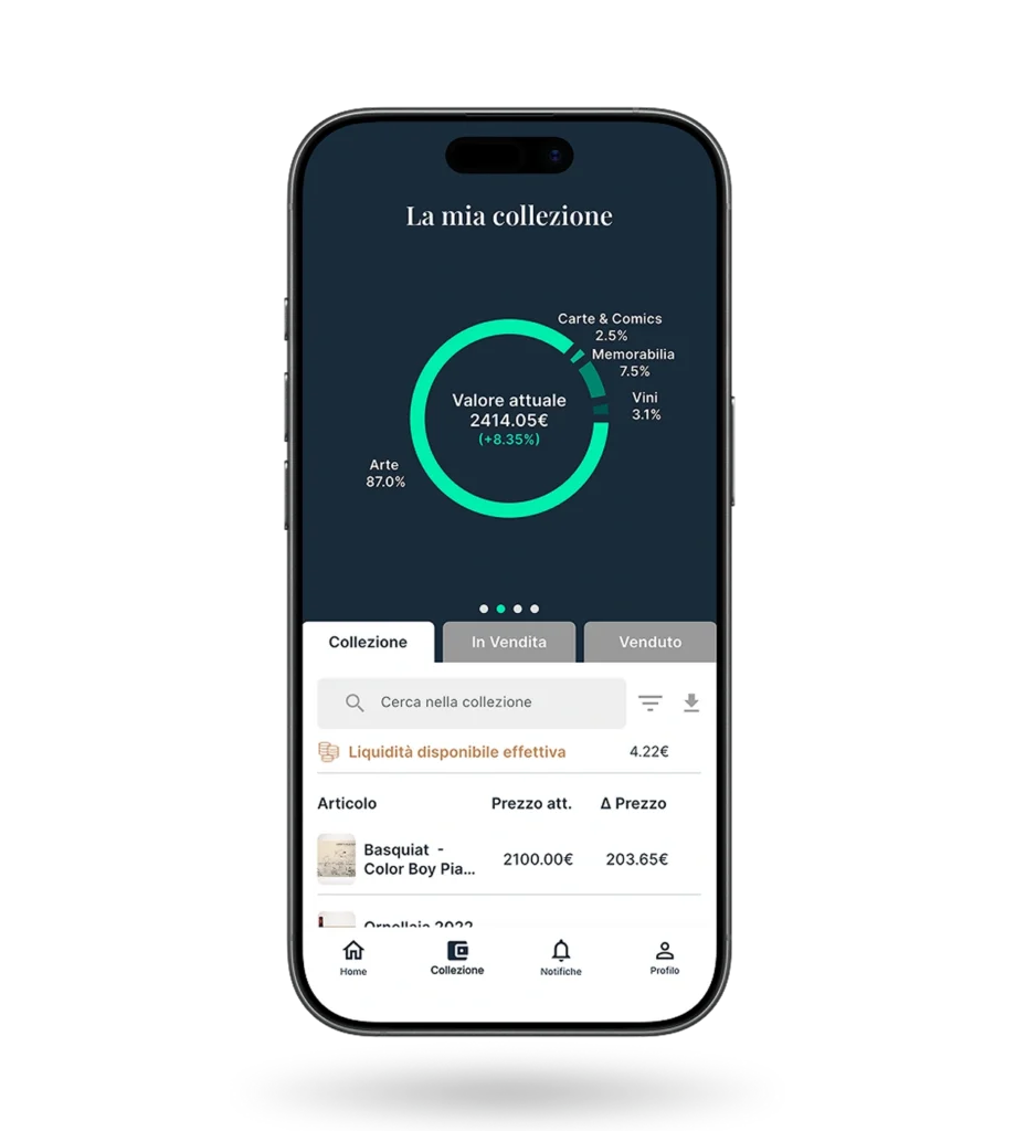 App Collecto sezione La mia collezione con grafico a torta della composizione per categoria e valore attuale